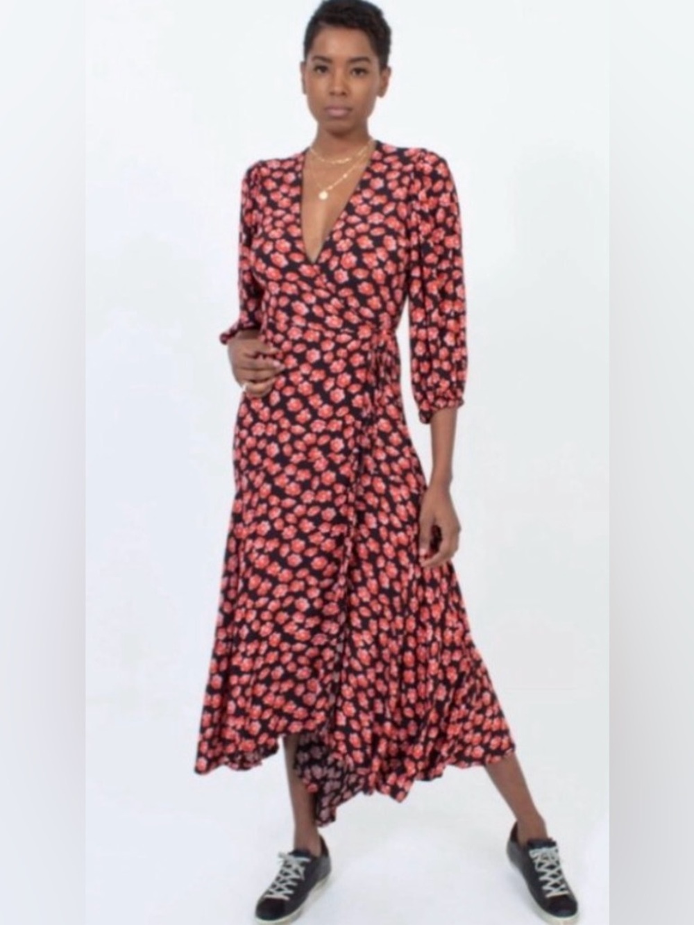 Ganni Lindale Red Flower Floral Print Crepe Wrap Dress